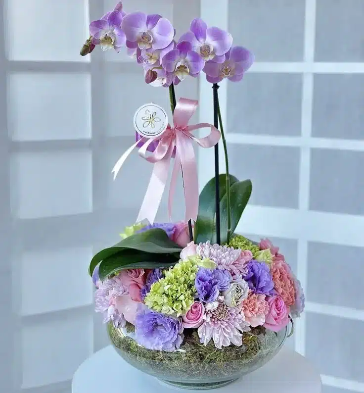 Jardín Floral en Pecera de Vidrio con Planta de Orquídea Lila: Un Regalo Único para Reconocer a Alguien Especial